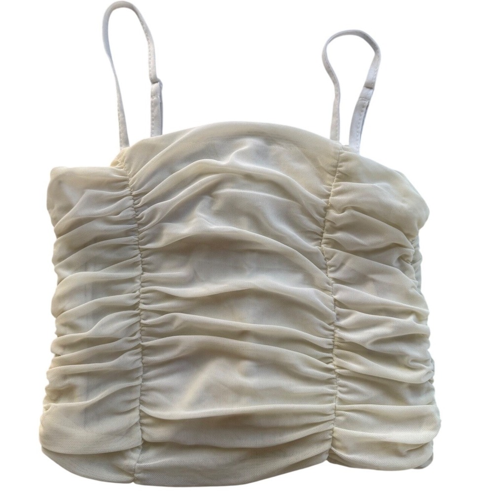Y2K Ruched Mesh Camisole Top Womens Cream Sheer Overlay Cropped Tank
